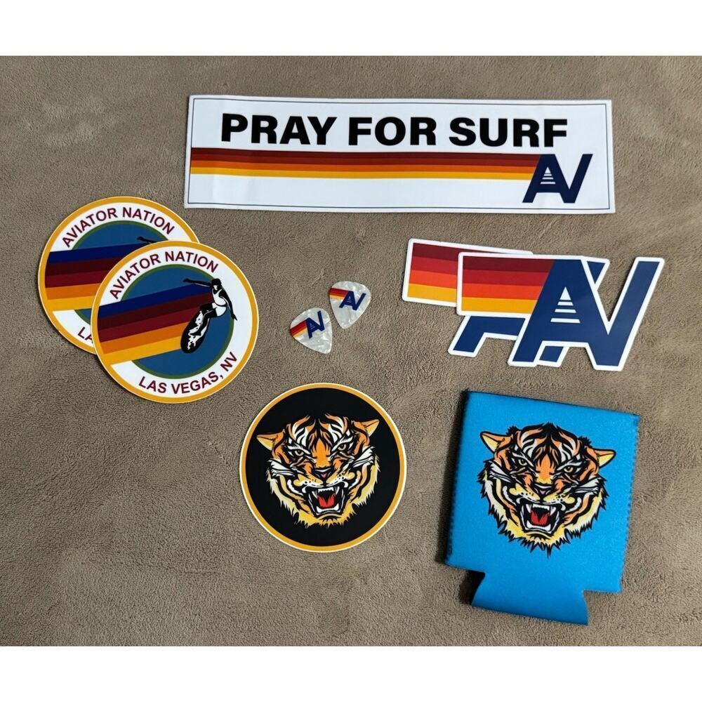 AVIATOR NATION Stickers Tiger Koozie Guitar Picks Can Cooler Retro 70s Bundle